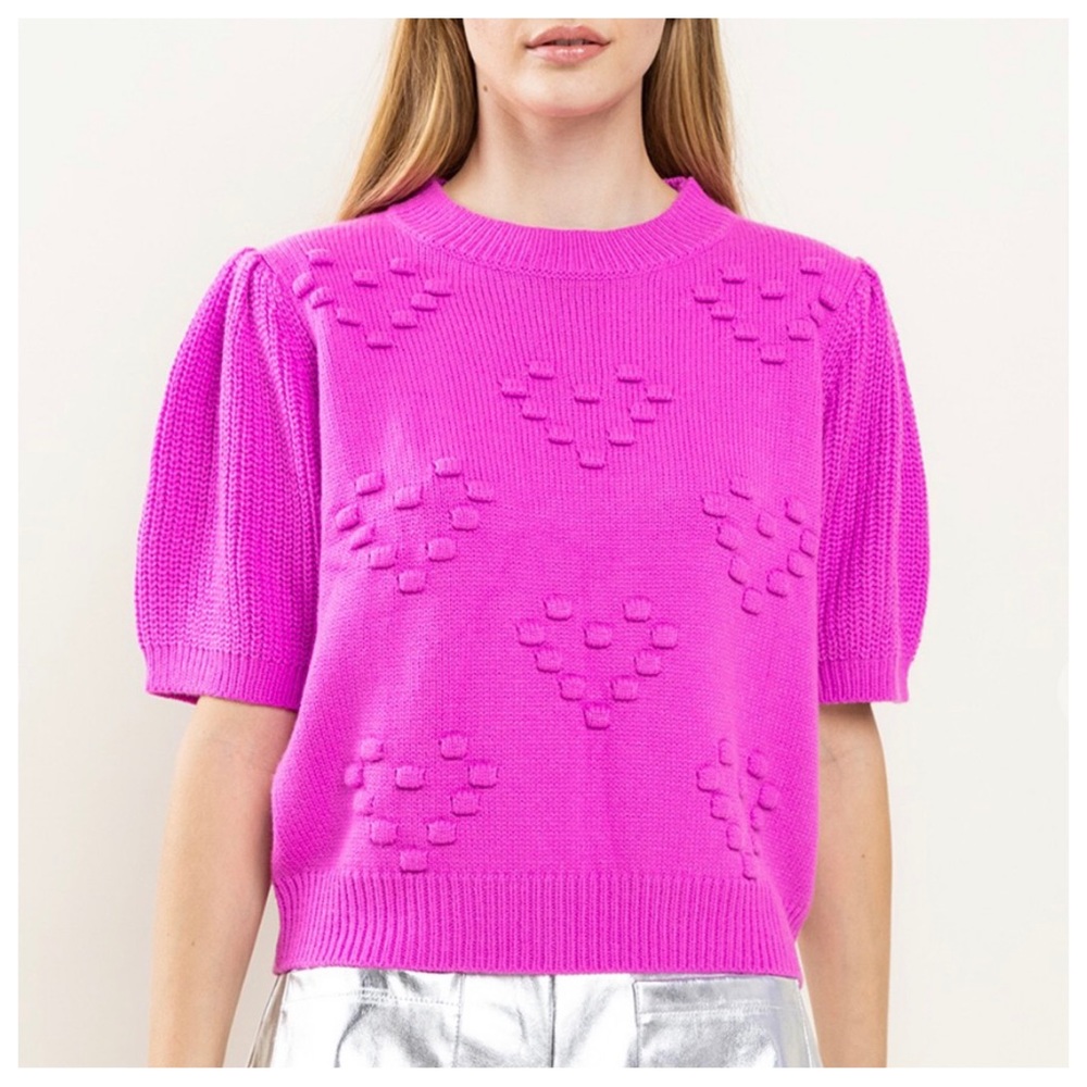 3D Heart Textured Balloon Sleeve Knit Sweater Top